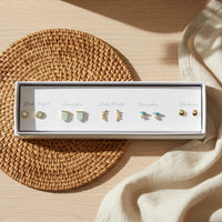 Versatile boho chic earrings set in white minimalist jewelry box