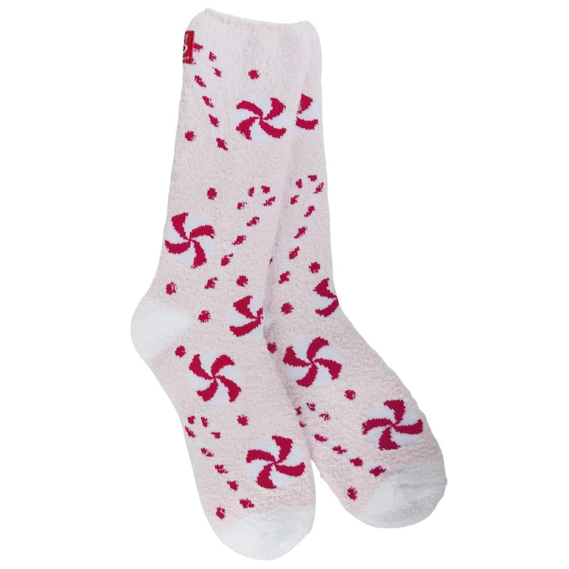 Peppermint Lane Cozy Crew white and red pinwheel fuzzy socks