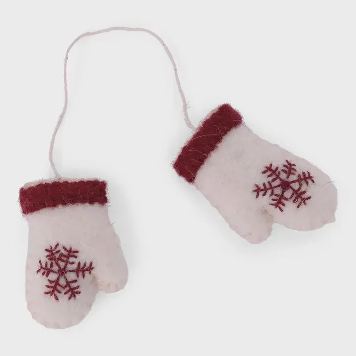 White and red snowflake mittens ornament made of felt, a handmade mittens ornament with pure natural wool