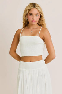 White smocked spaghetti strap crop top from Daisy Lane Offers