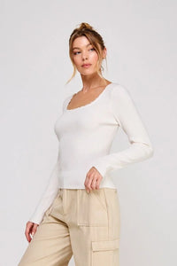 White Gauge Rib Square Neck Lace Trim Long-Sleeve Top