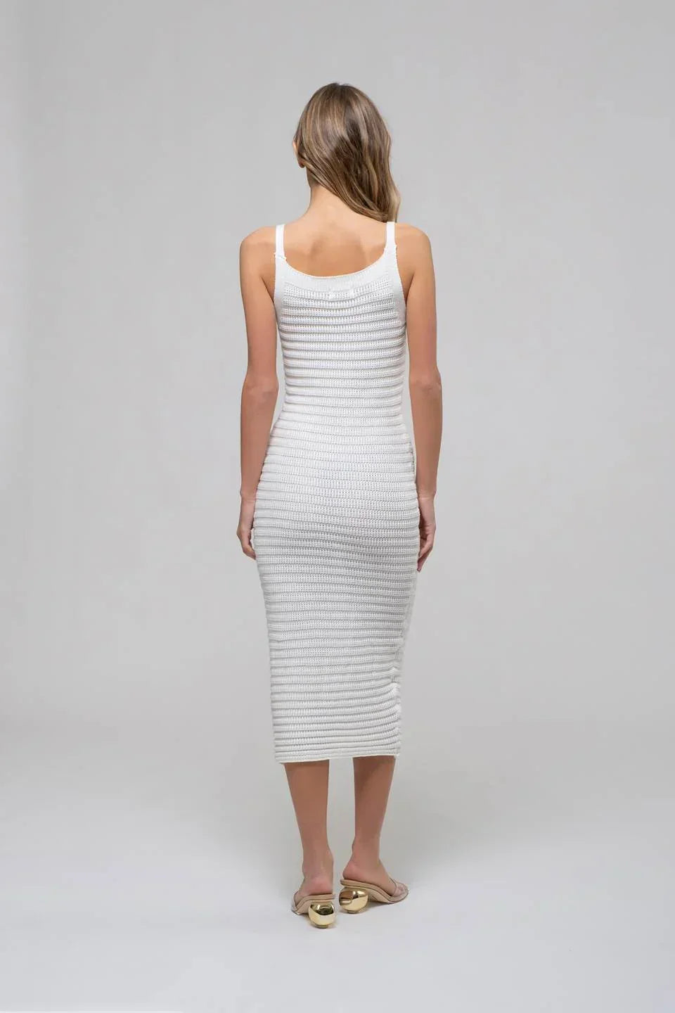 White ribbed cami midi dress featuring stylish horizontal stripes for a chic look