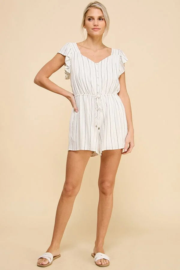 Textured woven striped v-neck romper with flutter sleeves and thin vertical stripes