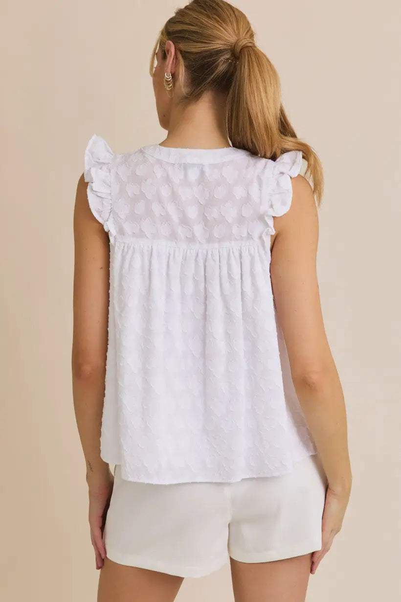 White round neck ruffle sleeveless blouse with ruffle sleeve button details