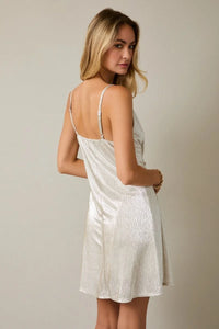 White cowl neck spaghetti strap mini dress in satin with lace trim