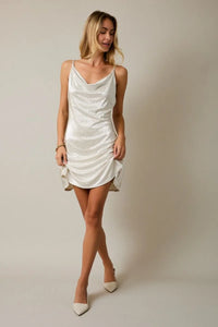 White cowl neck spaghetti strap mini dress in satin with ruching