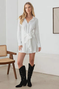 Long Sleeve Front Tie Shirt Mini Dress in white, boho style with flowy silhouette