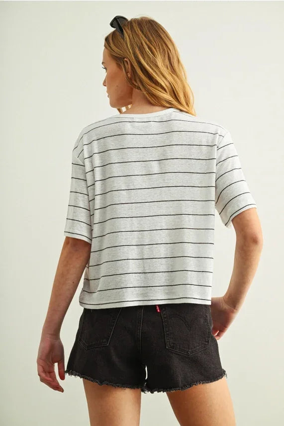 White Stripe Cotton Linen Top with Black Horizontal Stripes