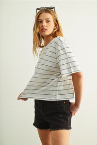 White stripe cotton linen top with black horizontal stripes