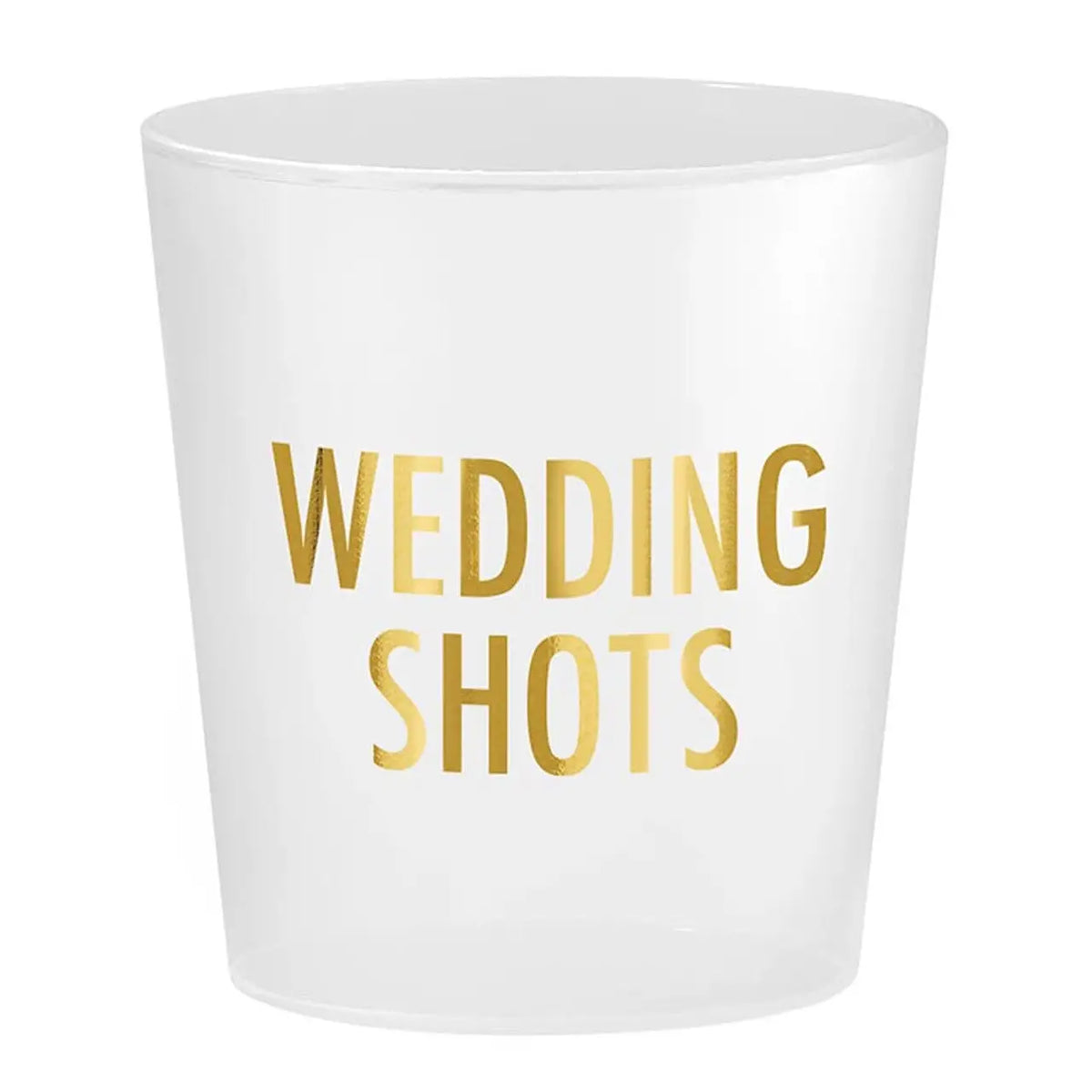 White shot glass with gold lettering from FROST SHOT CUPS for wedding celebrations