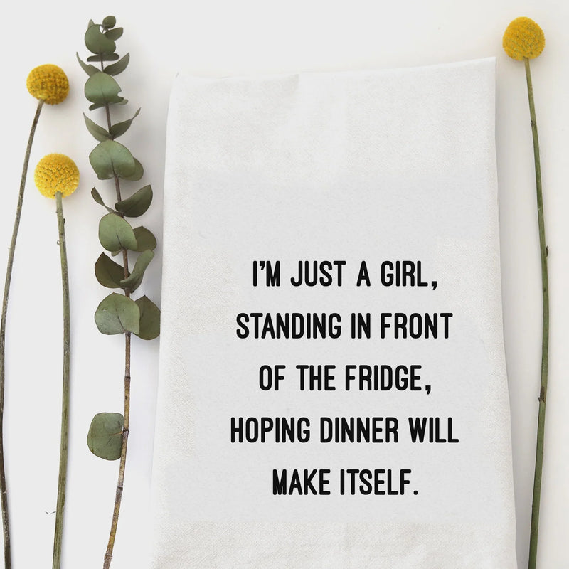 White sign on humorous kitchen hand towel featuring a girl white humorous quote