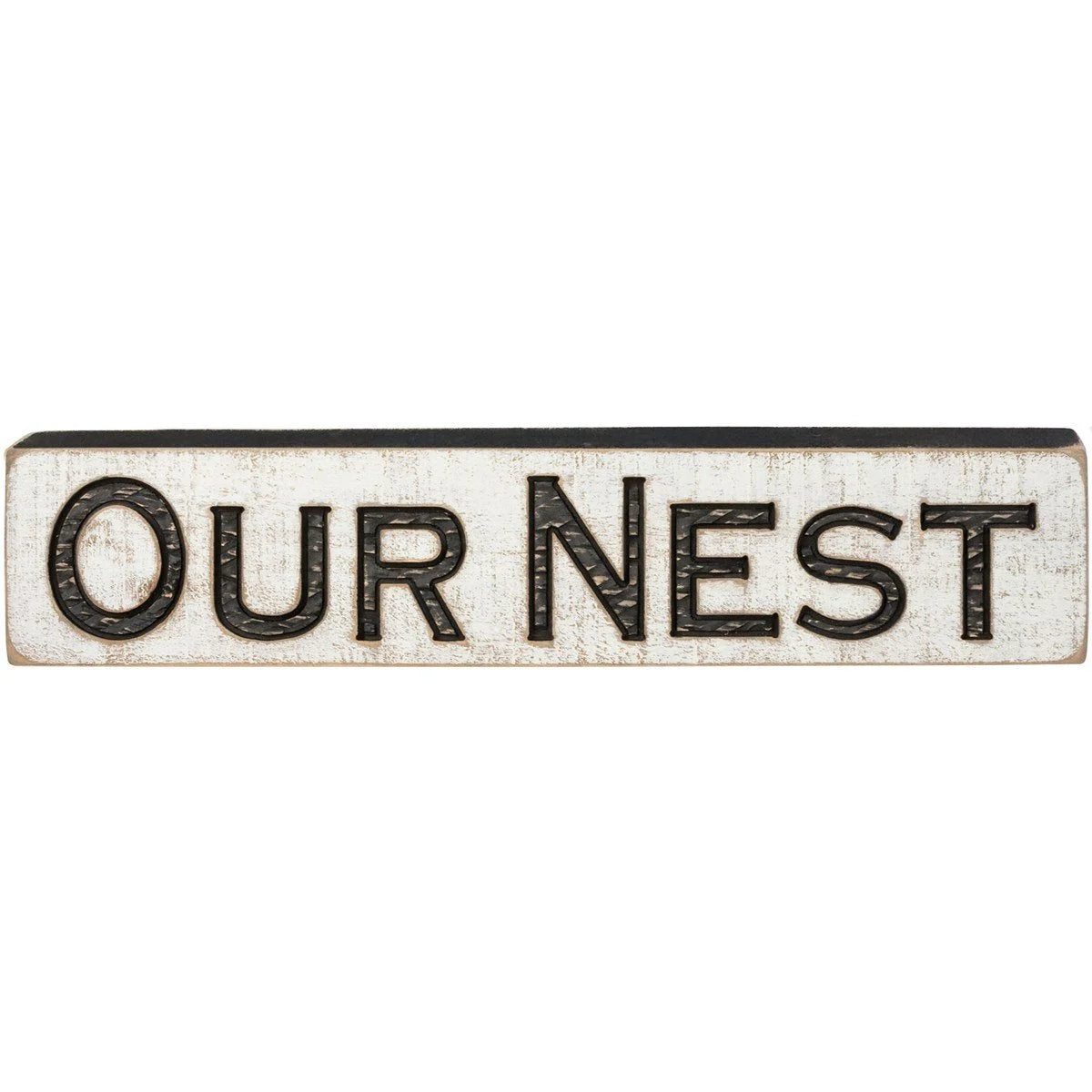 White OUR NEST CARVED SIGN featuring black letters for home decor