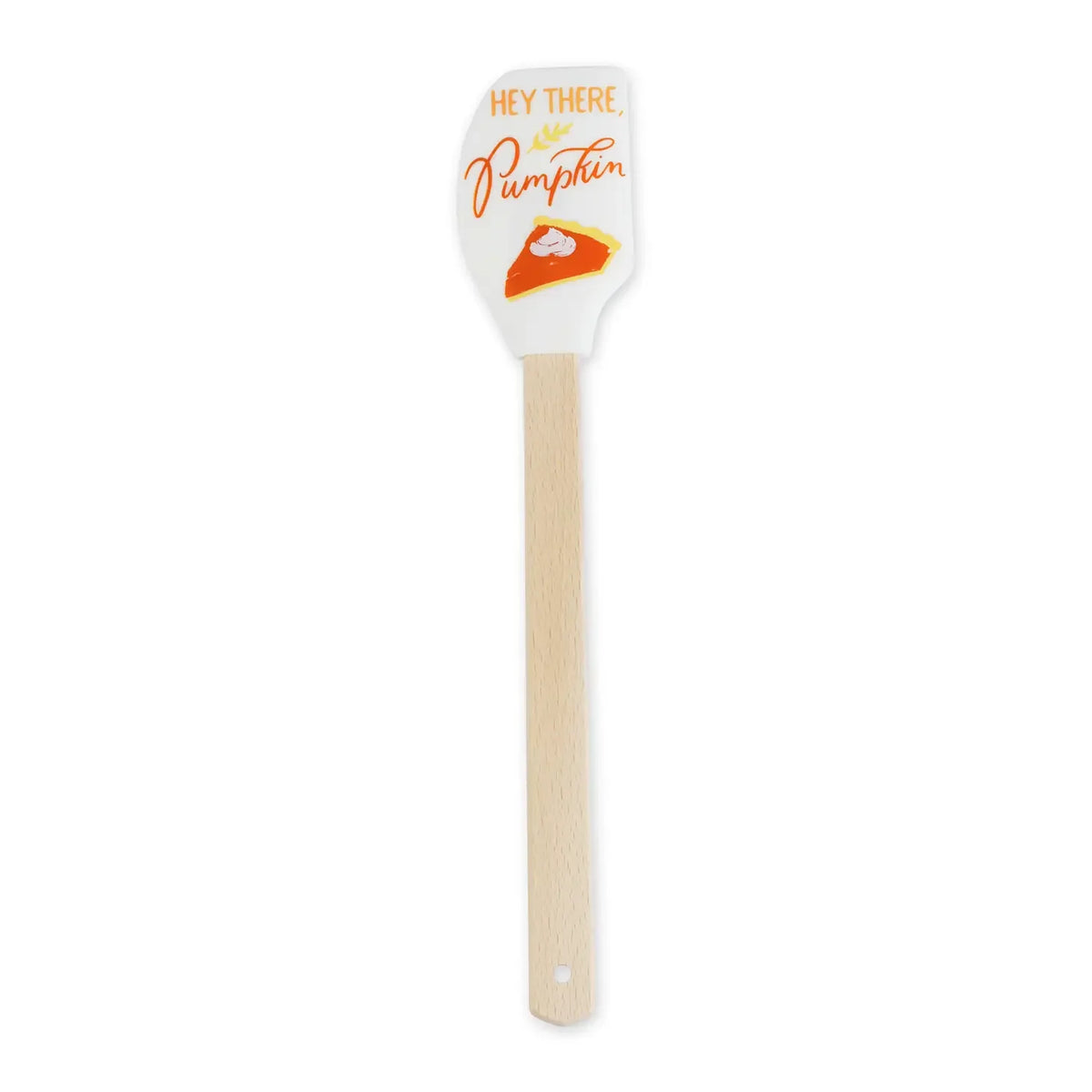 White autumn baking silicone spatula with pumpkin pie illustration and wooden handle