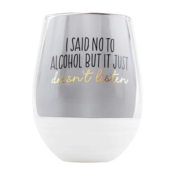 White and silver stemless wine glass with humorous text for wine chillers from Shop Daisy