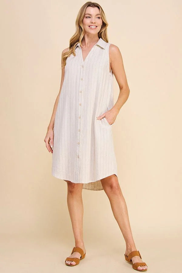 White sleeveless Linen Blend Pinstripe Shirt Dress with collar and pockets