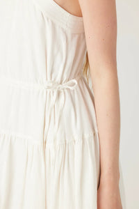 White LISBON MIDI DRESS with cinched waist and tiered skirt for a boho free spirit style