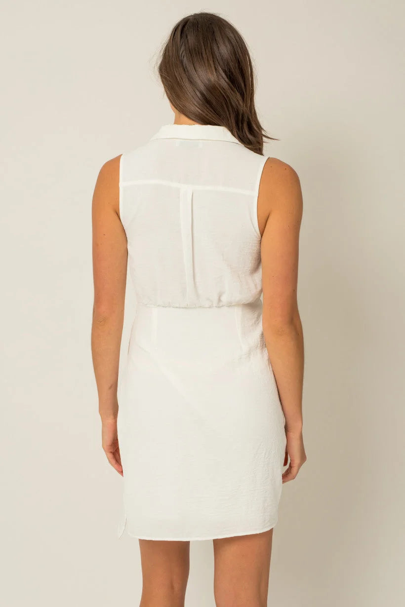 Back view of a White Sleeveless Collar Button Down Wrap Dress for a boho free spirit style