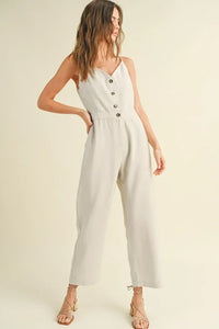 White sleeveless Rayon Combo Jumpsuit with buttons, ideal for women’s boho chic clothing