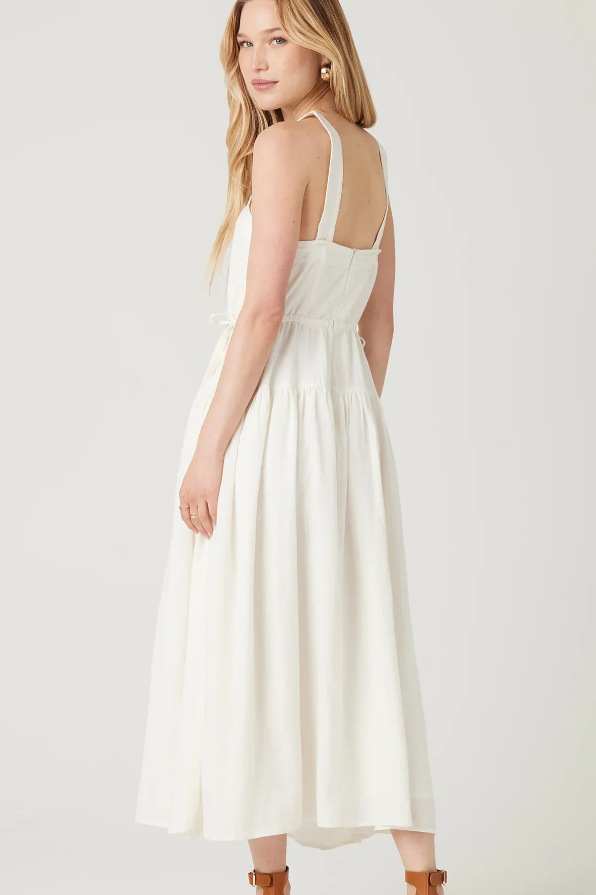 White sleeveless LISBON MIDI DRESS with square neckline and flowy gathered skirt, perfect for a free spirit