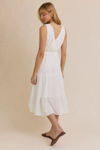 White surplice sleeveless waist tie eyelet midi dress for elegant summer wear