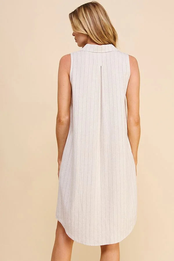 White sleeveless Linen Blend Pinstripe Shirt Dress with a stylish curved hemline