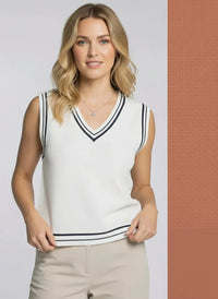 White sleeveless V-neck top with black and white striped trim from Supply Jessie Vest