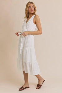 White surplice sleeveless waist tie eyelet midi dress for elegant summer wear