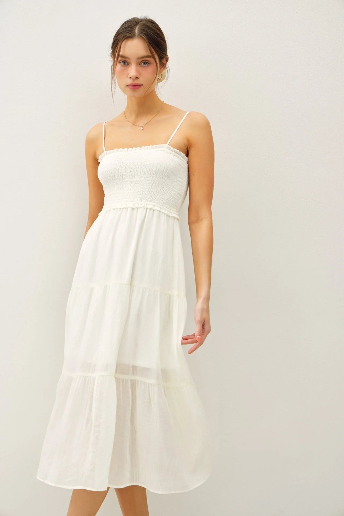 White spaghetti strap midi dress from shop daisy, perfect women’s boho chic clothing