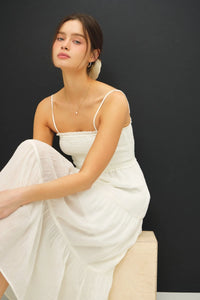 White spaghetti strap midi dress from Shop Daisy, perfect for women’s boho chic clothing