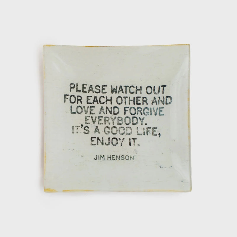 White ceramic Jim Henson square decoupage plate with a quote from Jim Henson