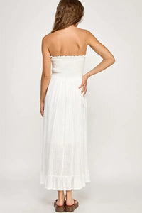 White strapless maxi dress ideal for a smocked tube midi or tube midi style