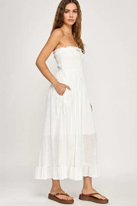 White strapless smocked tube midi dress displayed in the Smocked Tube Midi Dress product image