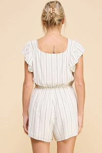 Back view of Textured Woven Striped V-Neck Romper with ruffled cap sleeves