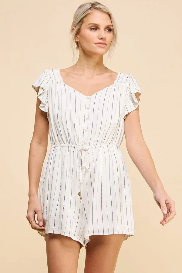 Textured woven striped romper with flutter sleeves and drawstring waist, stylish design