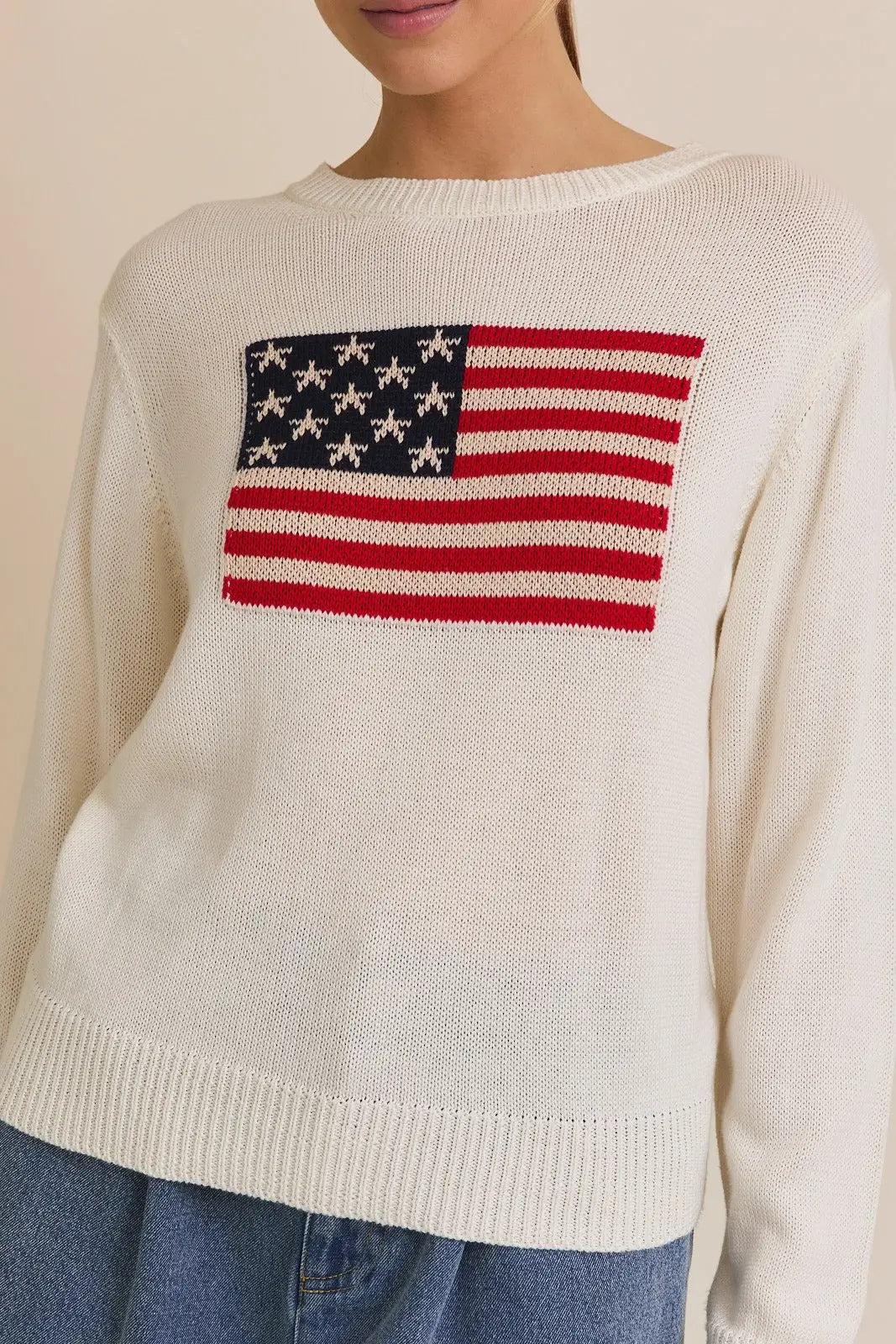 White American flag round neck sweater top featuring a stylish flag round neck design