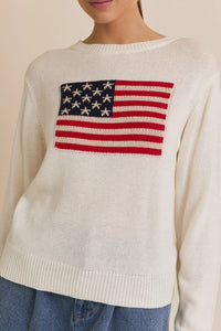 White American flag round neck sweater top featuring a stylish flag round neck design