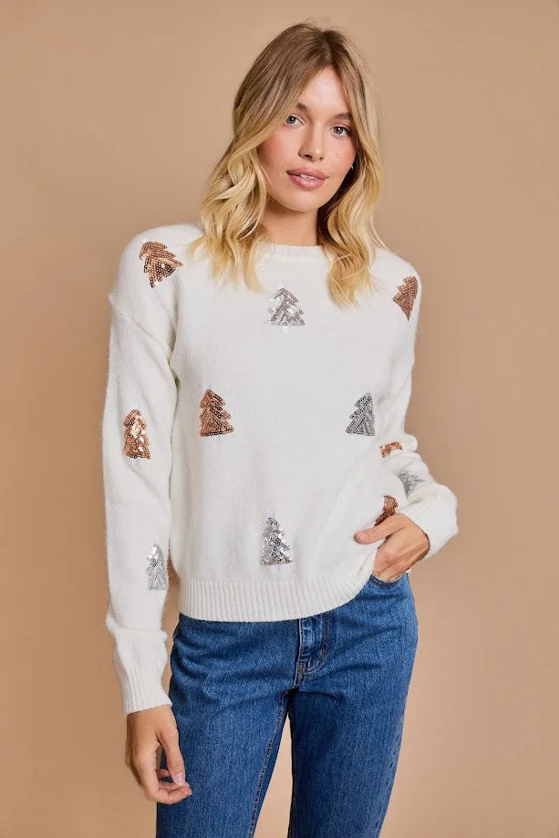 White sweater with dog silhouettes, perfect addition to women’s boho chic clothing from Shop Daisy