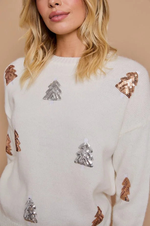 White sweater with sequined Christmas tree design from Shop Daisy for women’s boho chic clothing