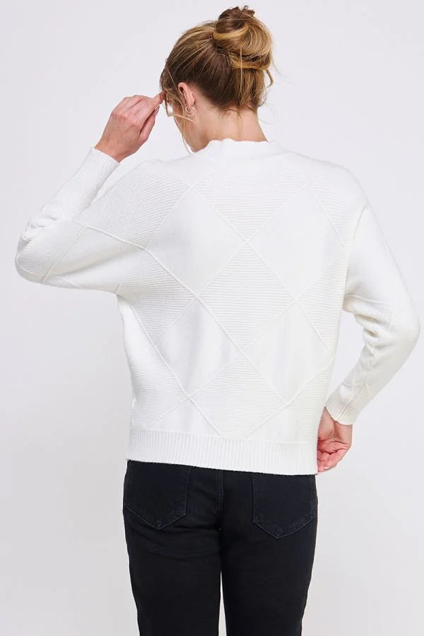 White sweater displayed on a person with back turned, soft long sleeve dolman mock neck