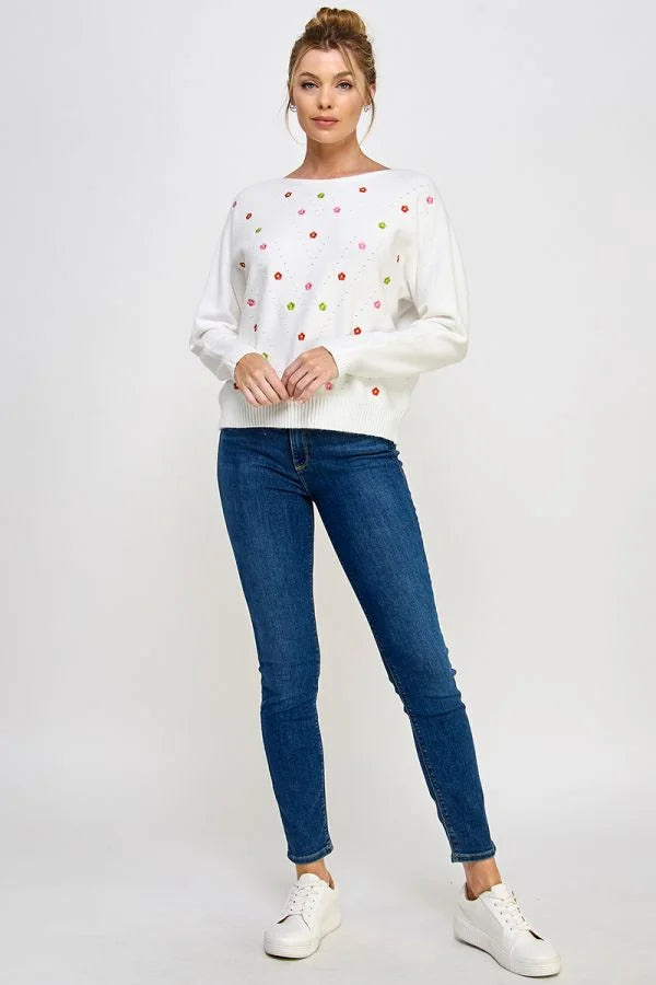 White Soft Daisy Embroidered fine gauge sweater with colorful polka dot embellishments