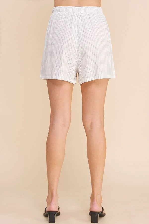 White textured shorts with elastic waistband in Soft Striped Linen High-Waisted Tie Shorts