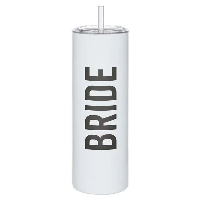 White 20-ounce skinny tumbler with straw featuring black bride lettering and double-wall insulation