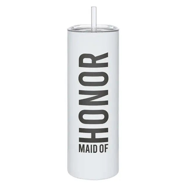 White honor skinny tumbler with straw featuring double-wall insulation and BPA-free lid