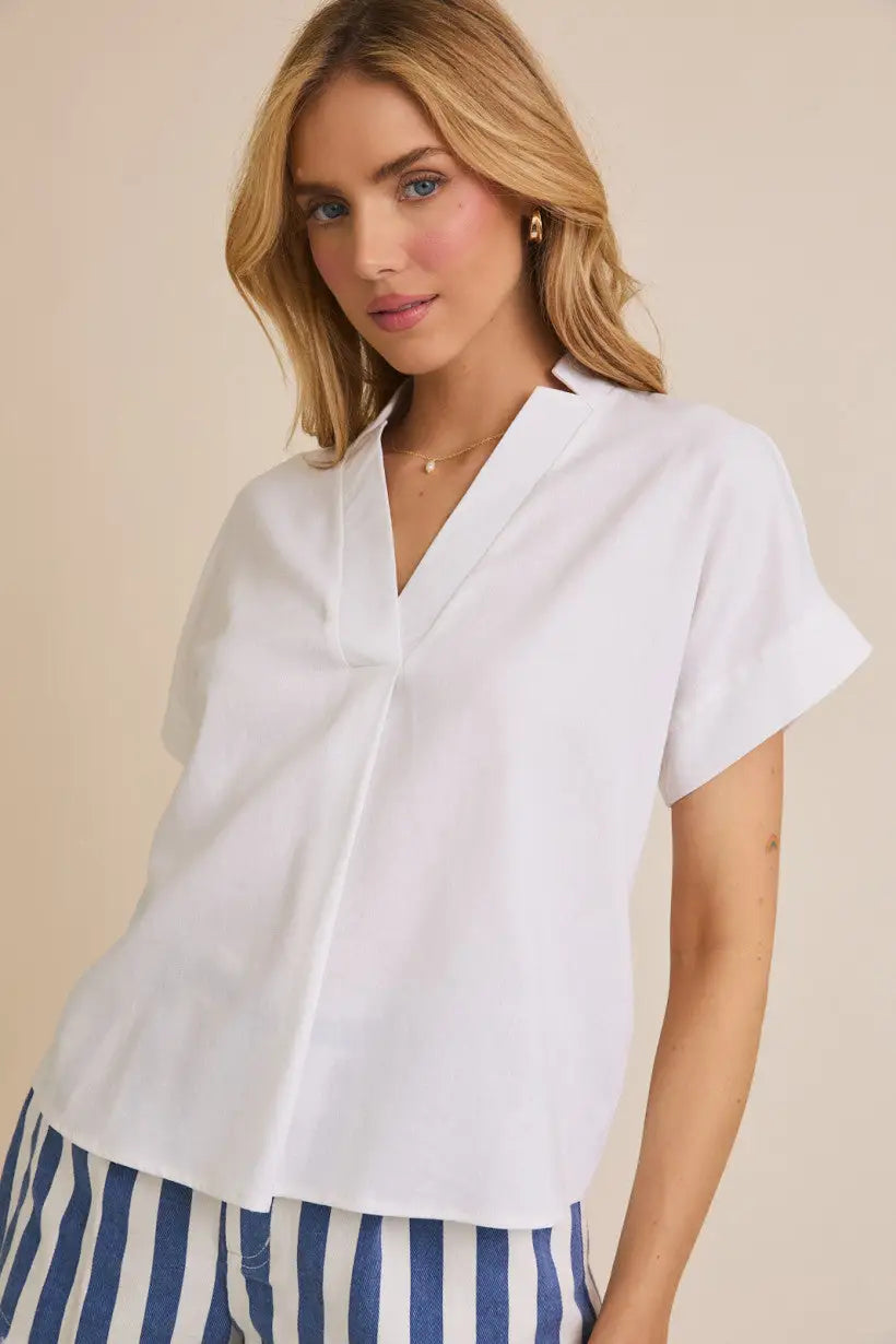 White V-neck blouse with short sleeve flare and flare hem details