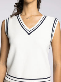 White V-neck sleeveless top with navy blue stripes, part of the Supply Jessie vest collection