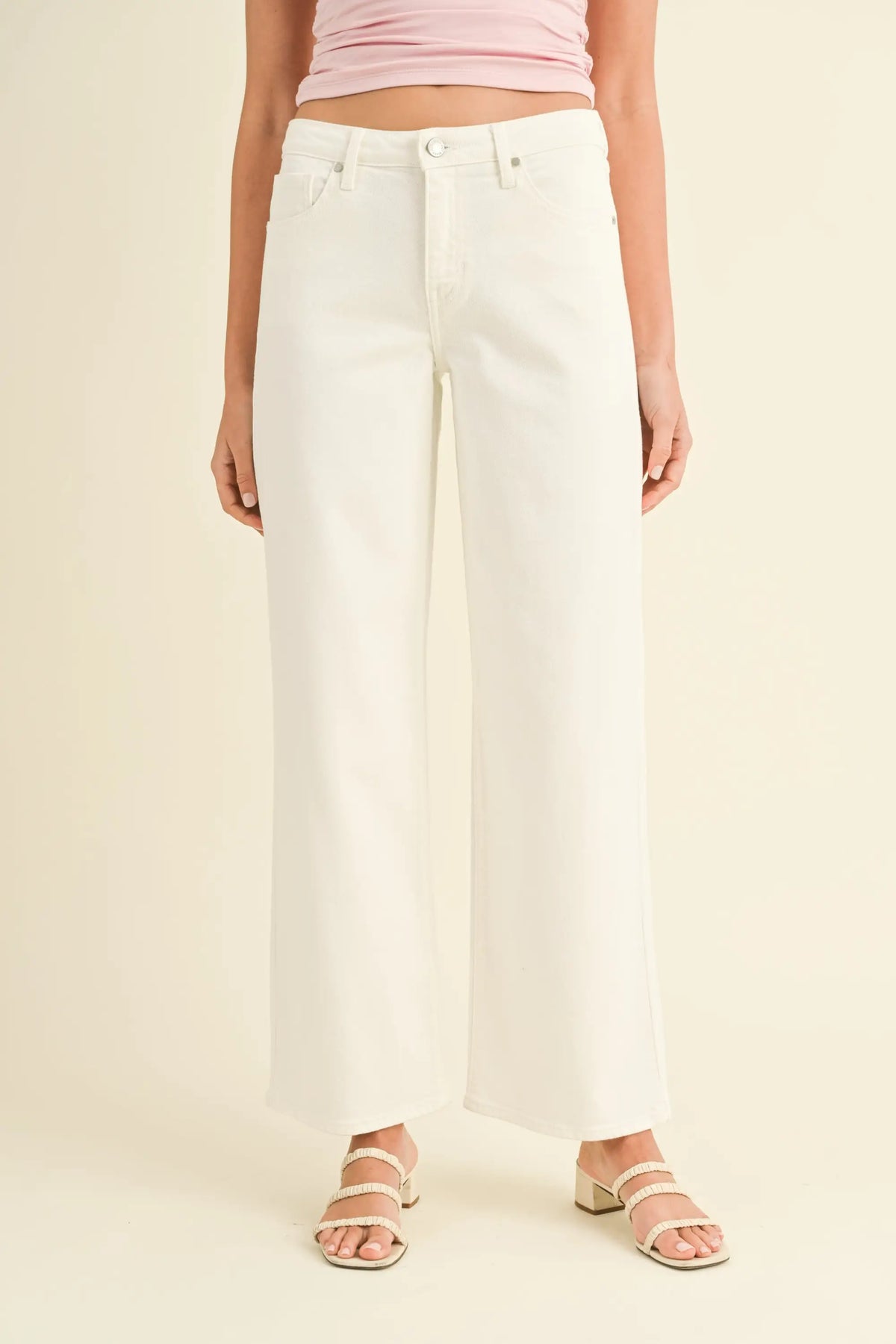 White slim wide leg jeans, featuring a mid rise and light stretch for added comfort