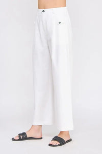 White cotton elastic back waist pants with stretchy waistband and accent buttons