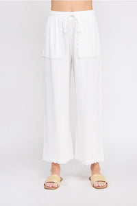 White linen blend elastic tie waist wide-leg pants for a fashionable and comfortable look