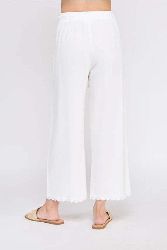 White linen blend elastic tie waist wide leg pants for elegant comfort