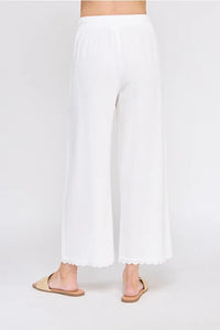 White linen blend elastic tie waist wide leg pants for elegant comfort
